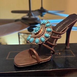 Colin Stuart Brown Heels with Turquoise Embellishments